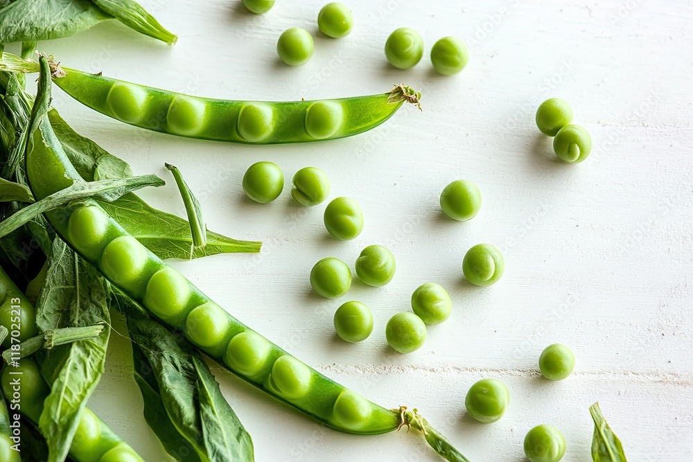 Poster scattering of green peas on white surface with some pods partially opened leaving generous copy spac