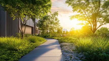 Fototapeta premium serene garden pathway leading to modern sustainable building under golden sunset