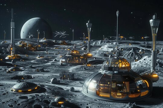 Futuristic lunar colony with domed habitats and advanced structures under a starry sky.