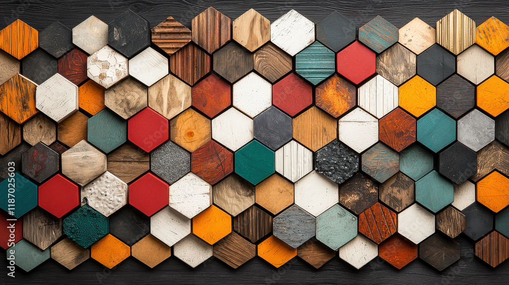 Aufkleber Colorful hexagonal wooden tiles arranged in vibrant pattern, showcasing various textures and finishes. This artistic design adds unique touch to any space