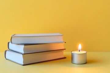 single glowing tealight placed beside stack of books on smooth pastel yellow surface