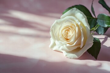 single rose laying delicately on pastel pink surface with soft shadows