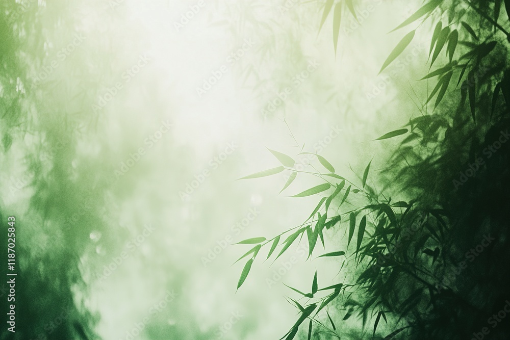 Poster exploring a serene bamboo forest with soft light filtering through tall stalks and a tranquil atmosp