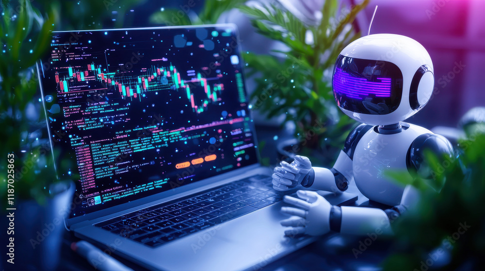 Poster futuristic robot assistant interacts with laptop displaying data analytics and charts, surrounded by greenery, showcasing integration of technology and nature