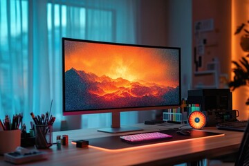 sleek workspace featuring glowing monitor digital tools and color wheel on desk softly lit