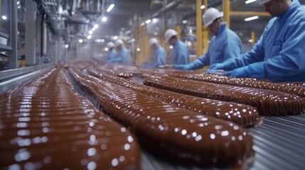 Chocolate Candy Production Line Workers Manufacturing Sweets