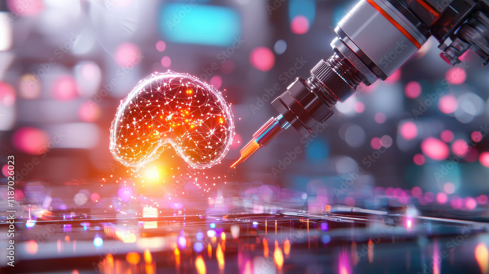 Leinwandbilder futuristic bioengineering scene featuring robotic arm manipulating glowing neural network structure. vibrant colors and advanced technology evoke sense of innovation and possibility