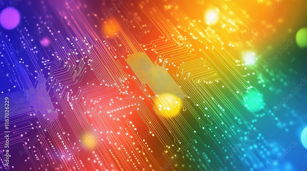 Poster intricate abstract technology circuit board with colorful lights