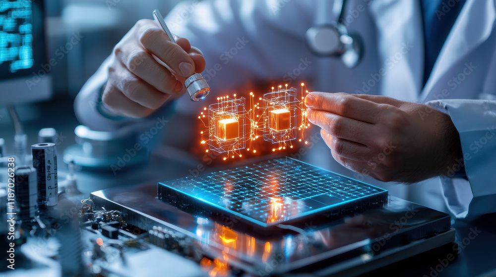 Poster researcher in lab examines digital data with futuristic interface, showcasing advanced technology an