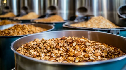 Granola with Almonds in Large Metal Bowls