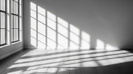 Sunlight Streams Through Window Frames Creating Distinctive Shadow Patterns on a Minimalist Room Floor in Black and White Photography