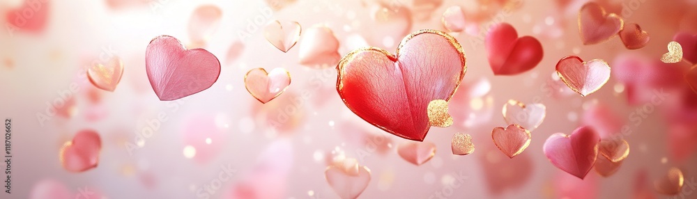 Poster abstract heart-shaped petals in soft shades of pink and red gently float in a glowing pastel backgro