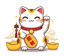 Happy chinese new year theme illustration background wallpaper gold ingots maneki-neko lucky fortune propserity cat 招财猫