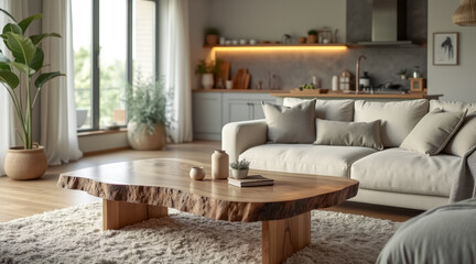 live-edge wood coffee table a minimalist living space