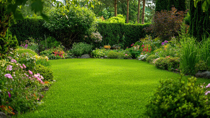 Obraz premium A lush green garden adorned with dew-covered grass and vibrant blooming flowers, creating a serene and refreshing landscape that invites tranquility and appreciation of nature’s beauty. 