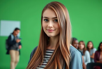 Portrait of a Smiling Young Woman with Long Brown Hair Against a Green Background, other Students Blurred in the Background, Focus on the Subject's Face and Expression, Casual Attire