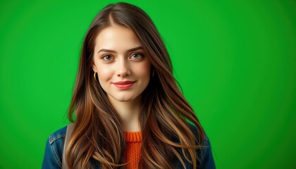 Portrait of a Young Woman with Long Brown Hair Smiling against a Vibrant Green Background, Studio Shot with Natural Lighting,  Displaying a Cheerful and Confident Expression.