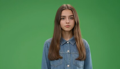 Portrait of a Teenage Girl with Long Brown Hair Wearing a Denim Shirt Against a Green Screen Background: A Studio Shot for Versatile Use in Digital Media and Design Projects