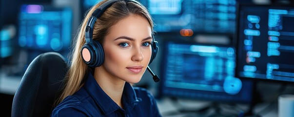 A focused woman with headphones at a workstation, surrounded by multiple screens displaying data and analytics.