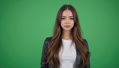 Portrait of a Young Woman with Long Brown Hair Wearing a Black Leather Jacket Against a Green Background: A Studio Shot Emphasizing Confidence and Style