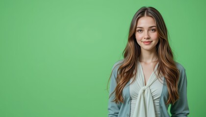 Portrait of a Beautiful Young Woman with Long Brown Hair Smiling Confidently Against a Vibrant Green Background
