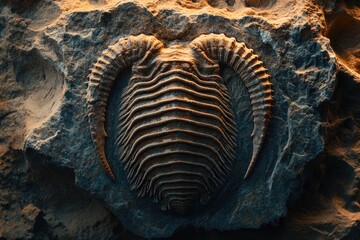 trilobite fossil embedded in slab of limestone photographed in high detail with shadows emphasizing texture