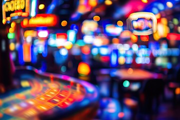 vibrant casino floor filled with neon signs and glowing gaming tables bustling with activity and excitement