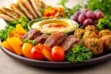 Plato tradicional con carne asada, hummus y vegetales frescos en un ambiente festivo