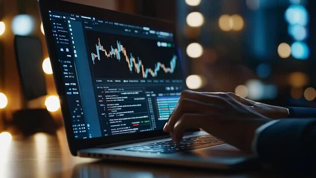 Close-up of hands typing on a laptop displaying financial charts, market data, and code in a dimly lit workspace. The scene conveys themes of technology, finance, and data analysis.