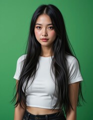 Stunning Portrait of a Young Asian Woman with Long Black Hair, Wearing a White Crop Top Against a Vibrant Green Background: A Captivating Studio Shot