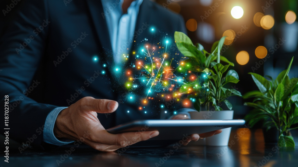 Aufkleber businessman holding tablet with colorful digital effects and plants in background, symbolizing innov