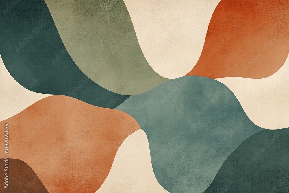 Poster exploring the harmony of abstract organic shapes in earthy tones with soft textures in minimalist ec