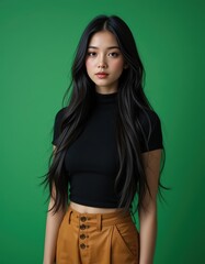Stunning Portrait of a Young Asian Woman with Long Black Hair, Wearing a Black Crop Top and Mustard Yellow High-Waisted Pants Against a Vibrant Green Background: A Fashion Photography Masterpiece