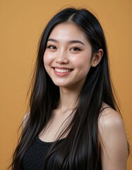 Portrait of a Young Asian Woman with Long Black Hair and a Radiant Smile Against a Mustard Yellow Background: A Stunning Display of Beauty and Confidence