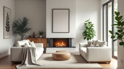 serene living room with modern fireplace sofas