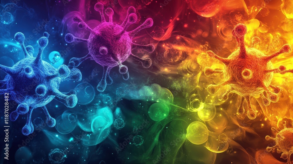 Fototapete antibodies actively targeting and attacking viruses in a colorful molecular environment. generative 