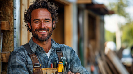 smiling man with toolbelt stands confidently at construction site