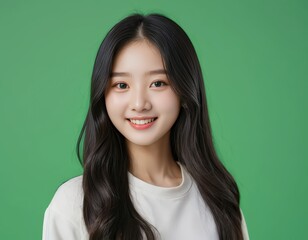 Portrait of a Smiling Young Asian Woman with Long Black Hair Against a Vibrant Green Background: A Captivating Studio Shot