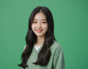 A Portrait of a Smiling Young Asian Woman Against a Vibrant Green Background: Captivating Beauty and Youthful Radiance