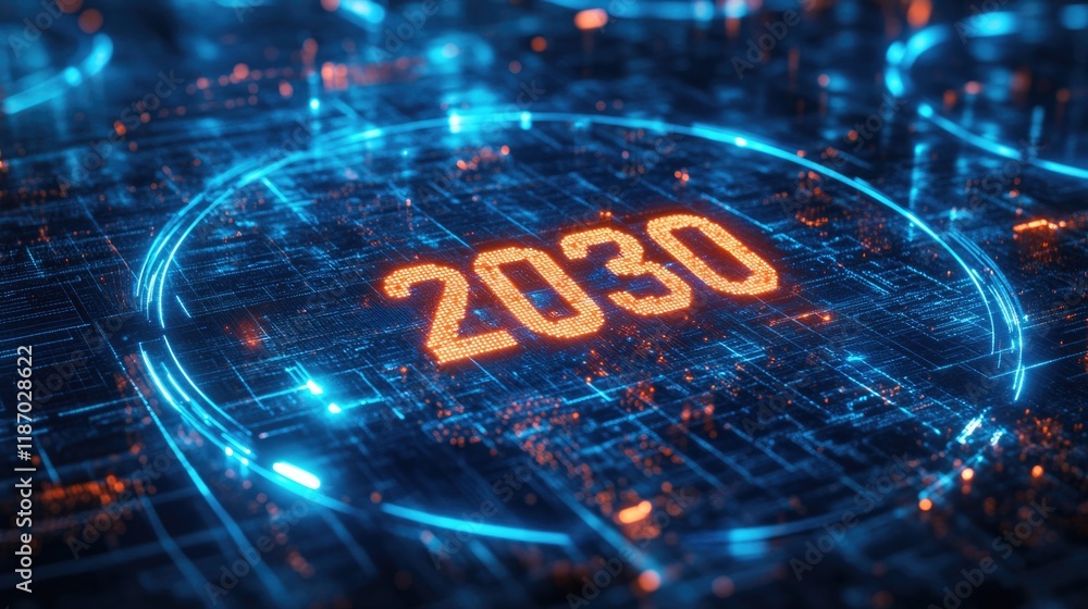 Poster intricate digital visualization of global network in futuristic blue design with glowing 2030 text o