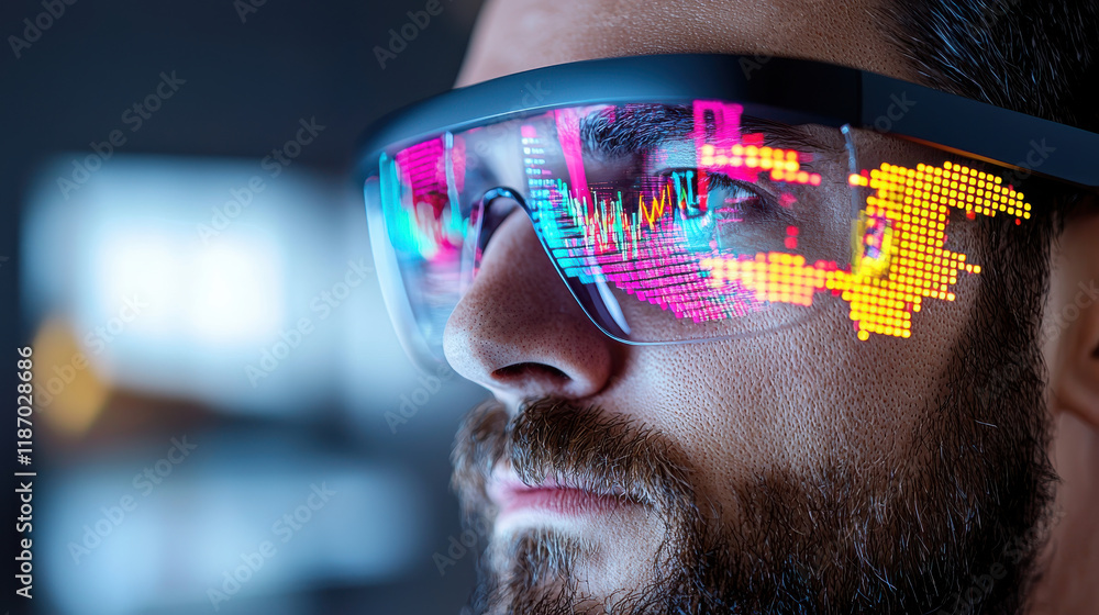 Fototapete digital journalist wearing augmented reality glasses, showcasing vibrant data visualizations. glasses display colorful graphics, enhancing storytelling experience