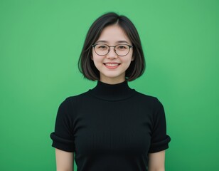 Portrait of a Smiling Young Asian Woman with Short Hair Wearing Black Turtleneck and Glasses Against a Green Background: A Vibrant and Cheerful Image