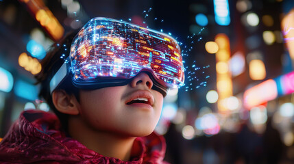 young boy wearing augmented reality glasses experiences vibrant digital world filled with colorful data streams and lights, showcasing future of technology and entertainment