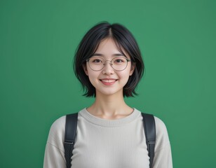 Portrait of a Smiling Young Asian Woman with Short Hair and Glasses Against a Green Background: A Study in Simplicity and Cheerfulness