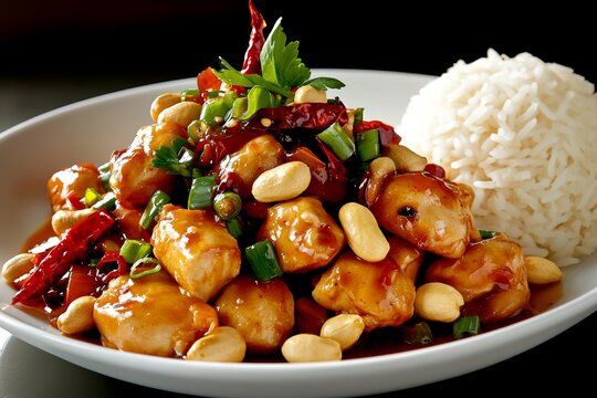 Deliciosa comida china con pollo, cacahuetes y arroz, un plato lleno de sabor