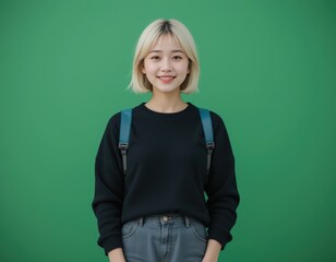 Portrait of a Smiling Young Asian Woman with Short Blonde Hair Wearing a Black Sweatshirt and Jeans Against a Green Background
