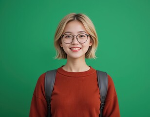 Portrait of a Smiling Young Asian Woman with Bob Haircut Wearing Glasses and Backpack Against a Green Background: A Captivating Image of Youthful Confidence and Academic Aspiration