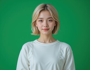 Portrait of a Young Woman with Blonde Bob Haircut Against a Vibrant Green Background: A Study in Simplicity and Serenity