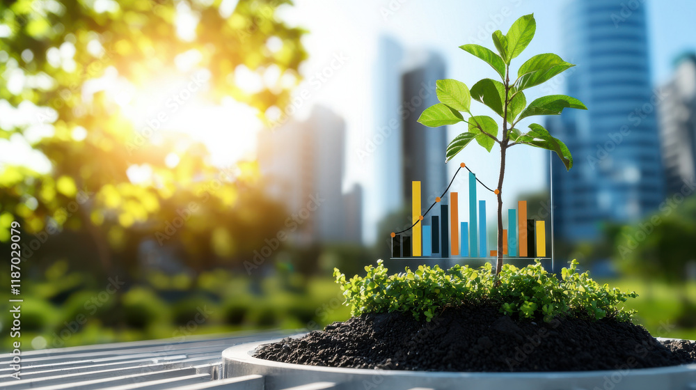 Poster young plant growing in soil with digital growth chart overlay, symbolizing sustainable development a
