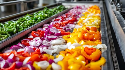 Colorful Sliced Vegetables On A Conveyor Belt
